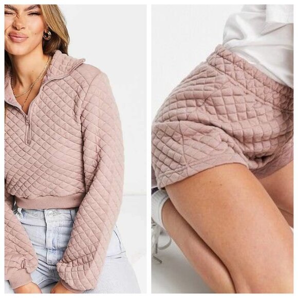 ASOS Threadbare Quilted 2 Piece Taupe Half Zip Sweatshirt Shorts Set Size 4 US - Picture 1 of 6